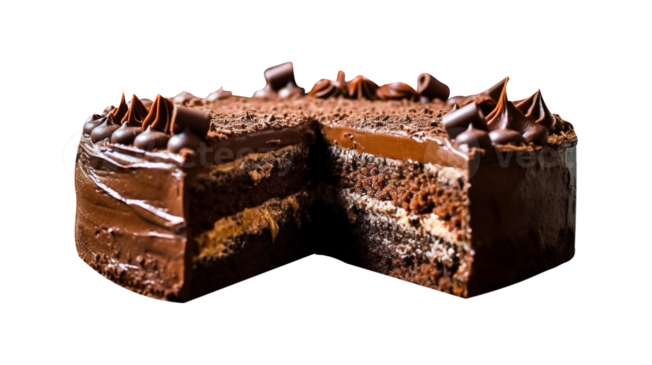 a piece of chocolate cake on a white background