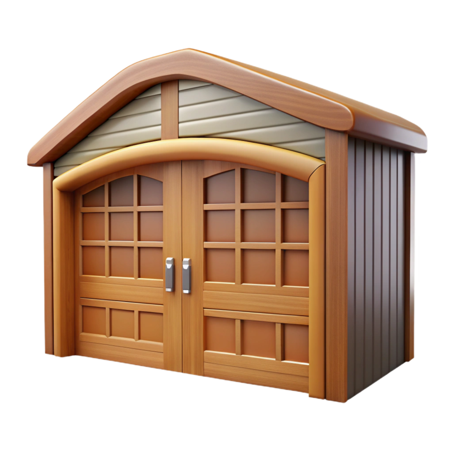 a wooden shed with two doors and windows