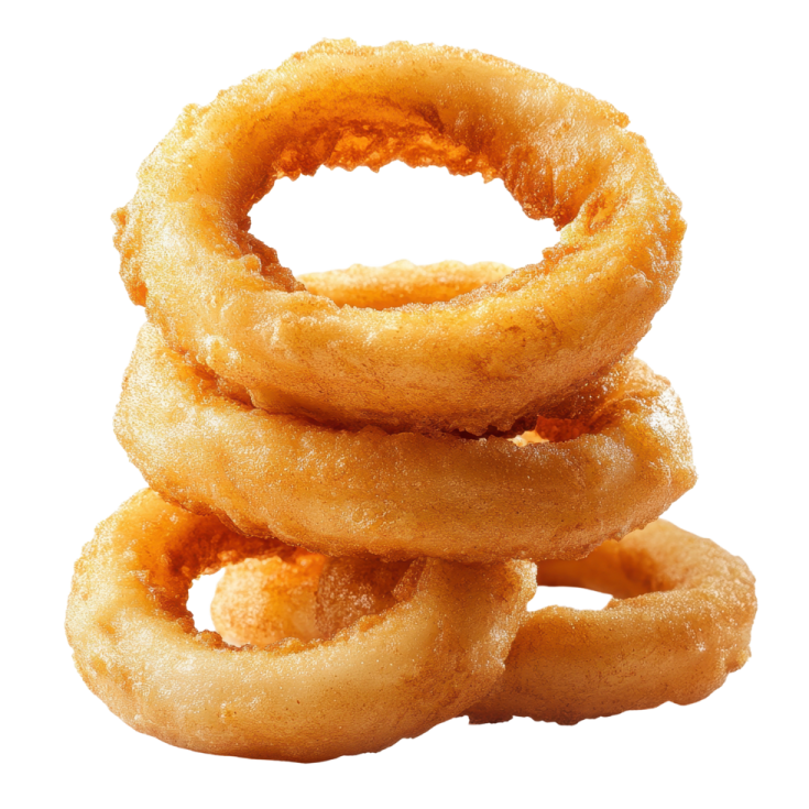 a pile of onion rings on a white background