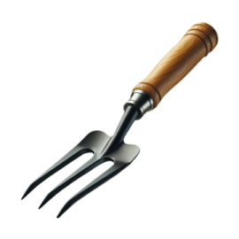 a black and white fork with wooden handle