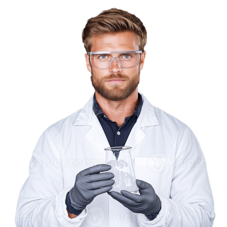 a man in white lab coat holding a test tube