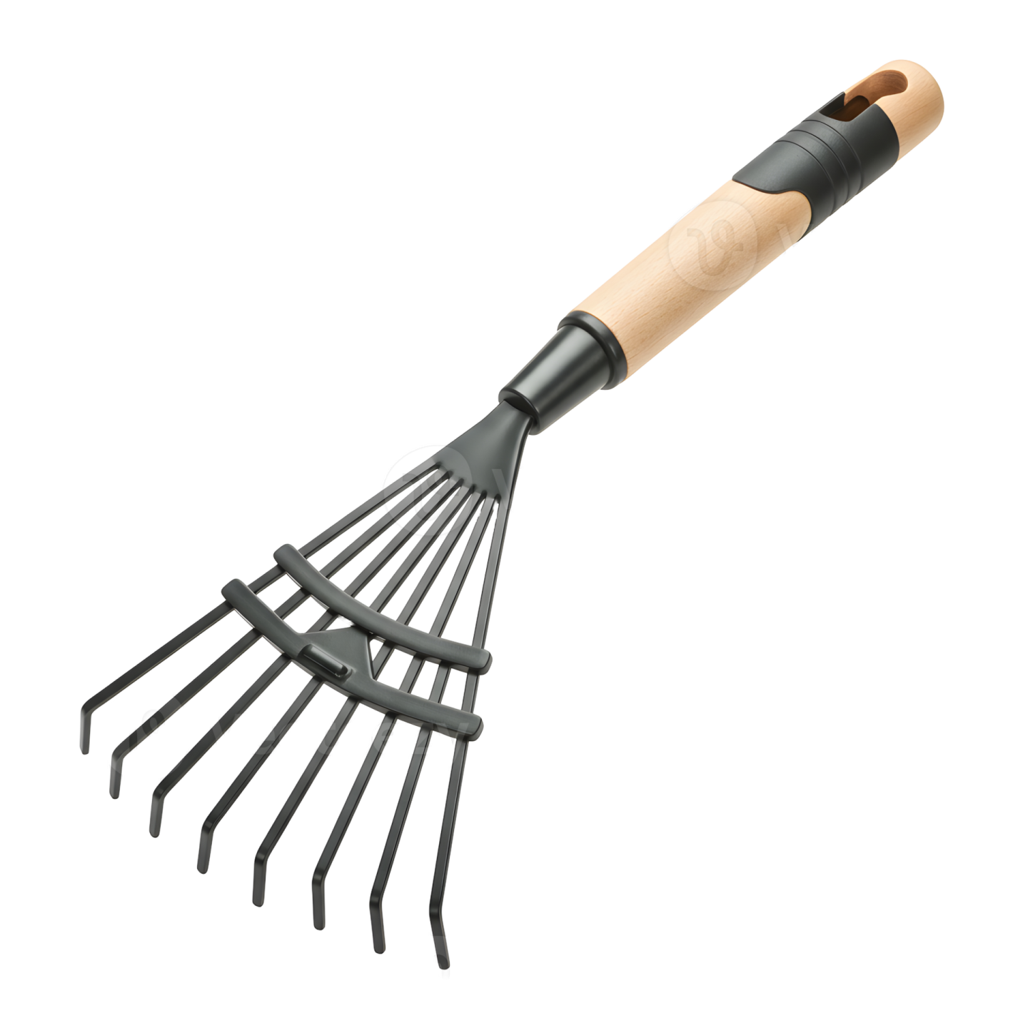 a black rake with wooden handle on a white background