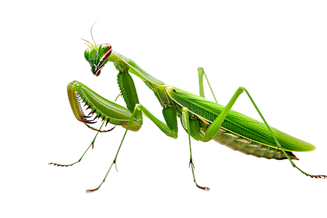 a green praying mantis on a white background