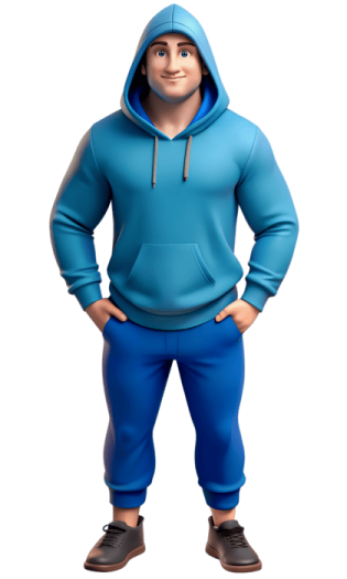 a cartoon character in a blue hoodie
