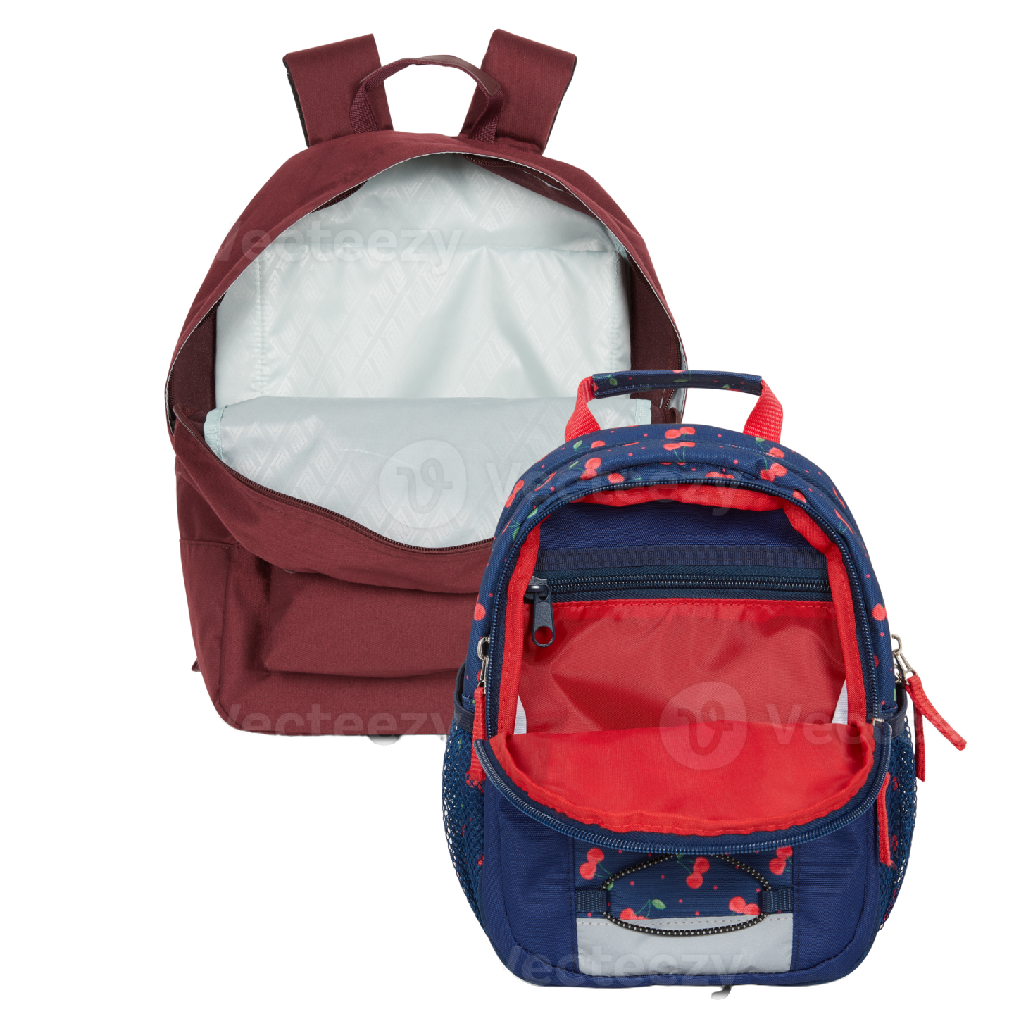 a red and blue backpack on a white background