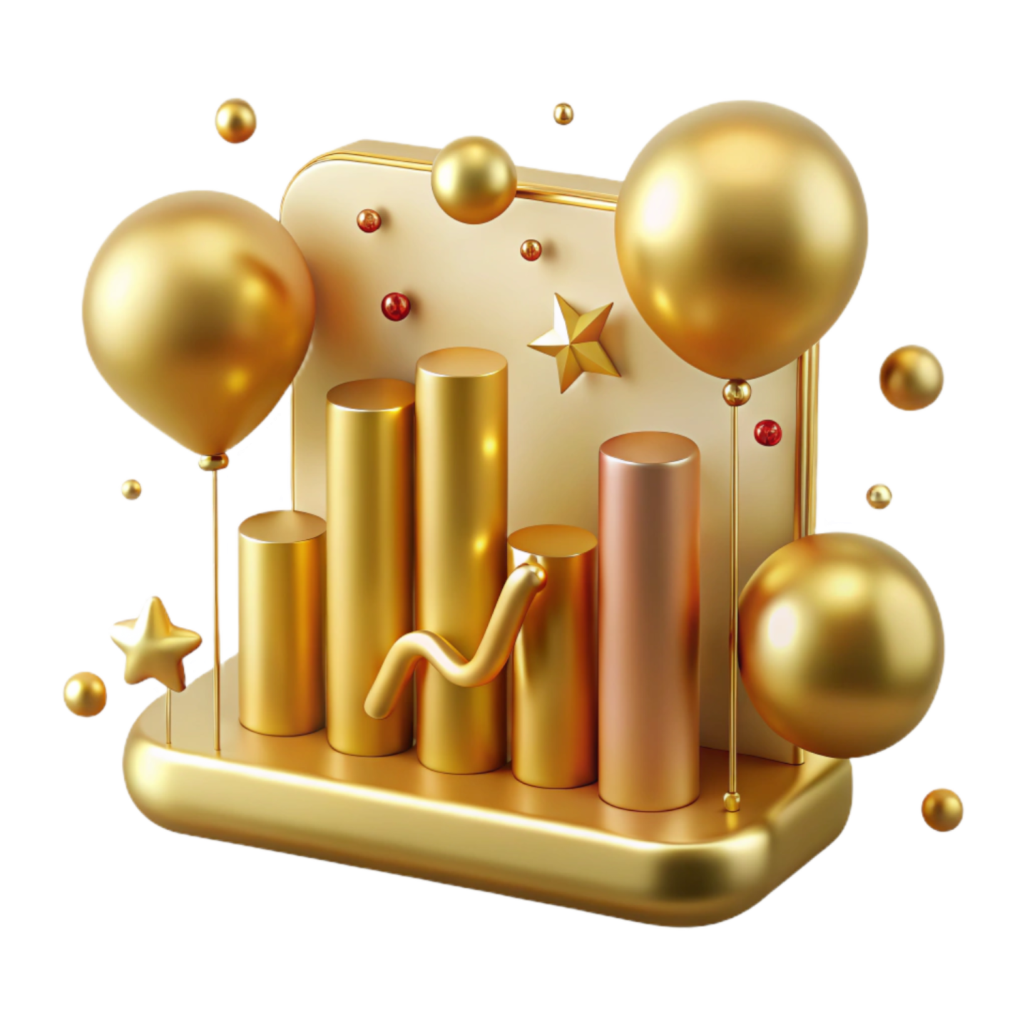 a gold bar chart with balloons and stars