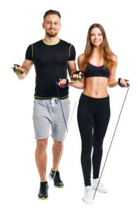 a man and woman walking on a white background