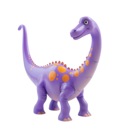 a purple toy dinosaur with orange spots