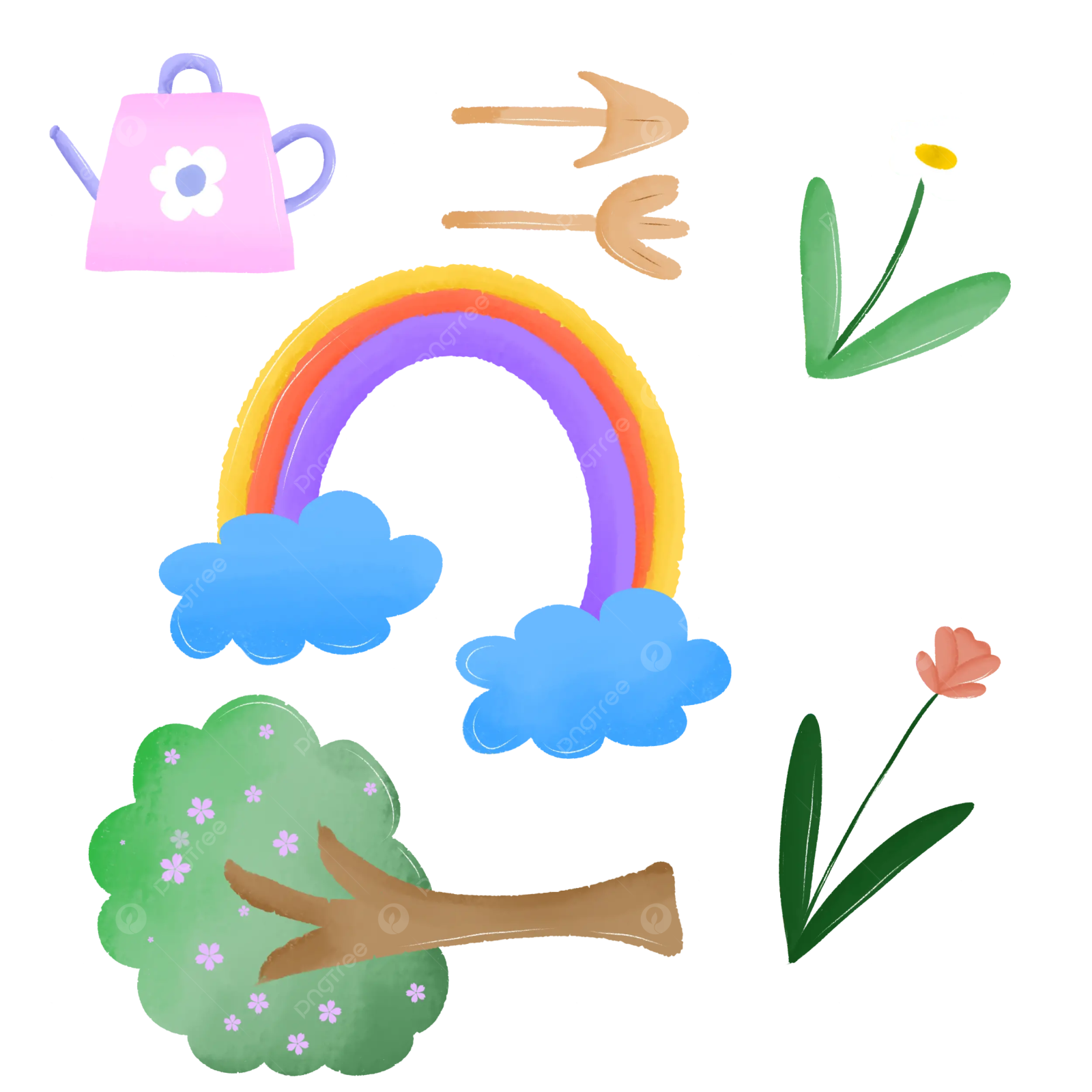 an illustration of a rainbow with flowers and waterings