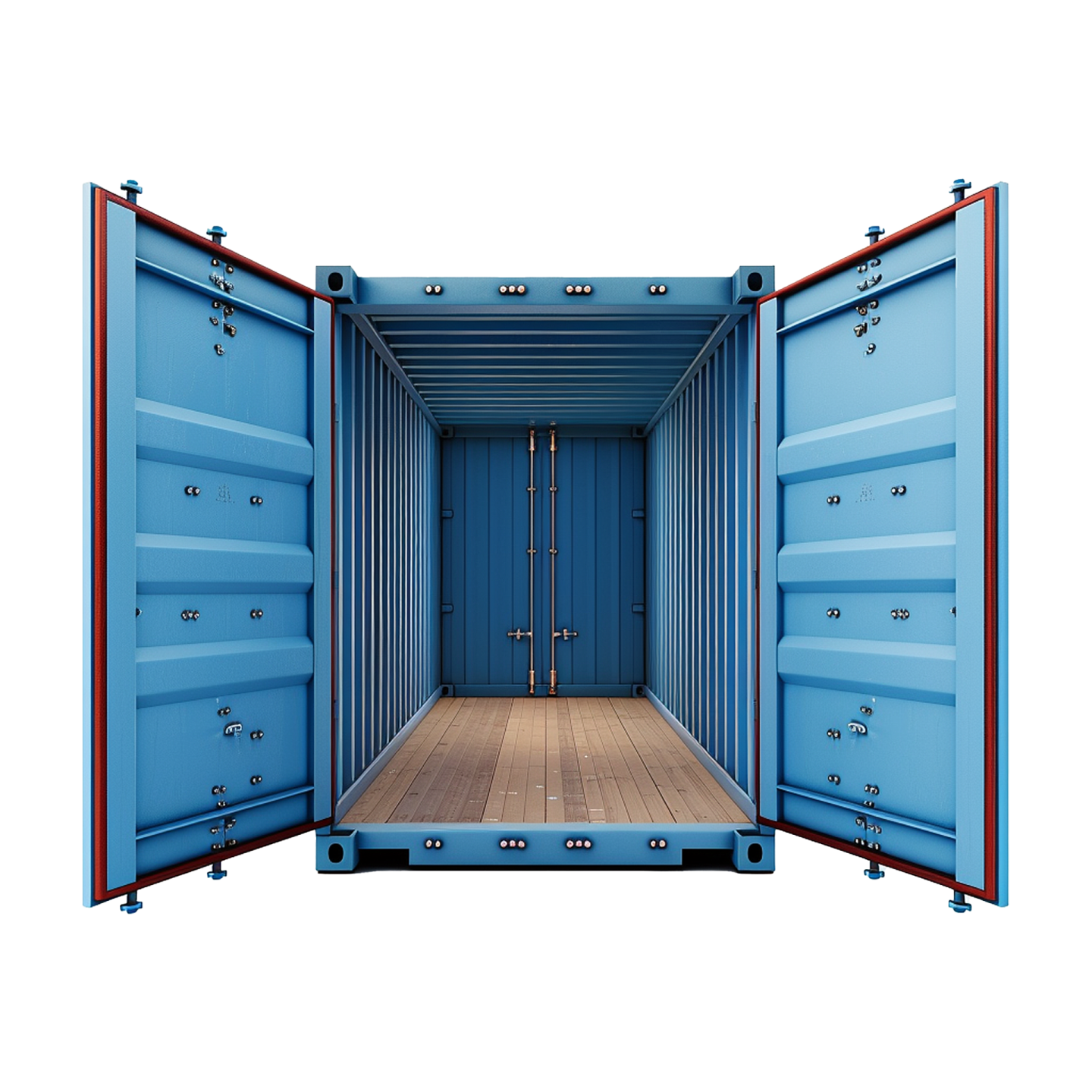 a blue shipping container with its doors open