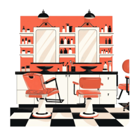 a room with two chairs and a mirror