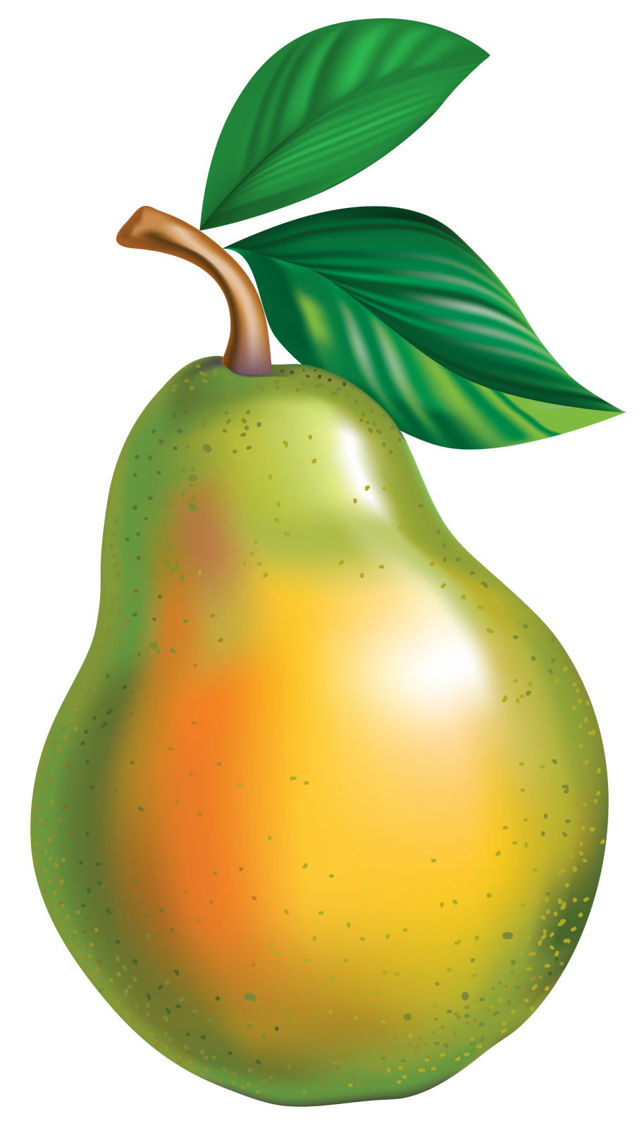 a pear with green leaves on it