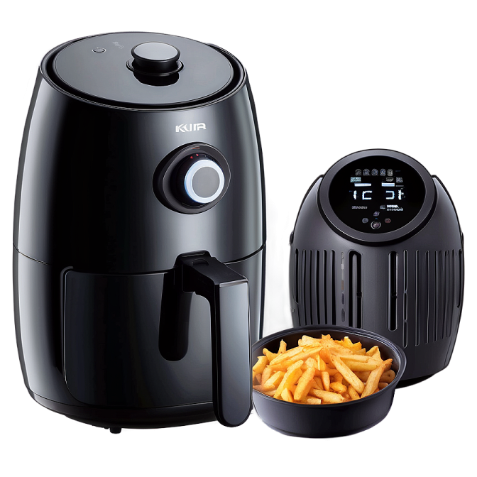 a black air fryer next to a bowl of fries