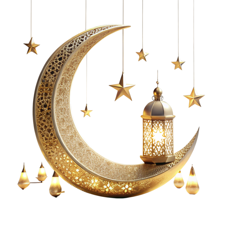 a crescent with a lantern and stars hanging from it