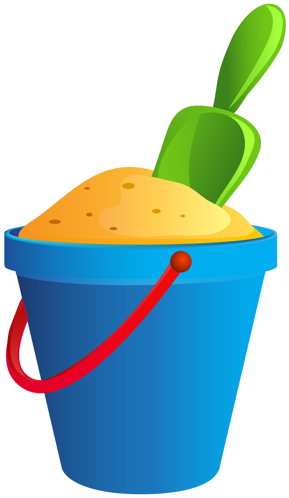 a bucket filled with sand and a shovel