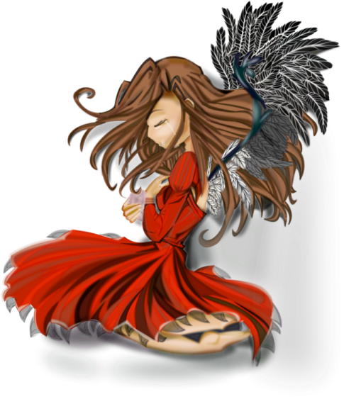 a girl in a red dress with a bird on her shoulder