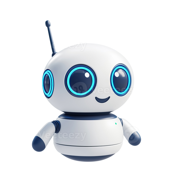 a white robot with blue eyes