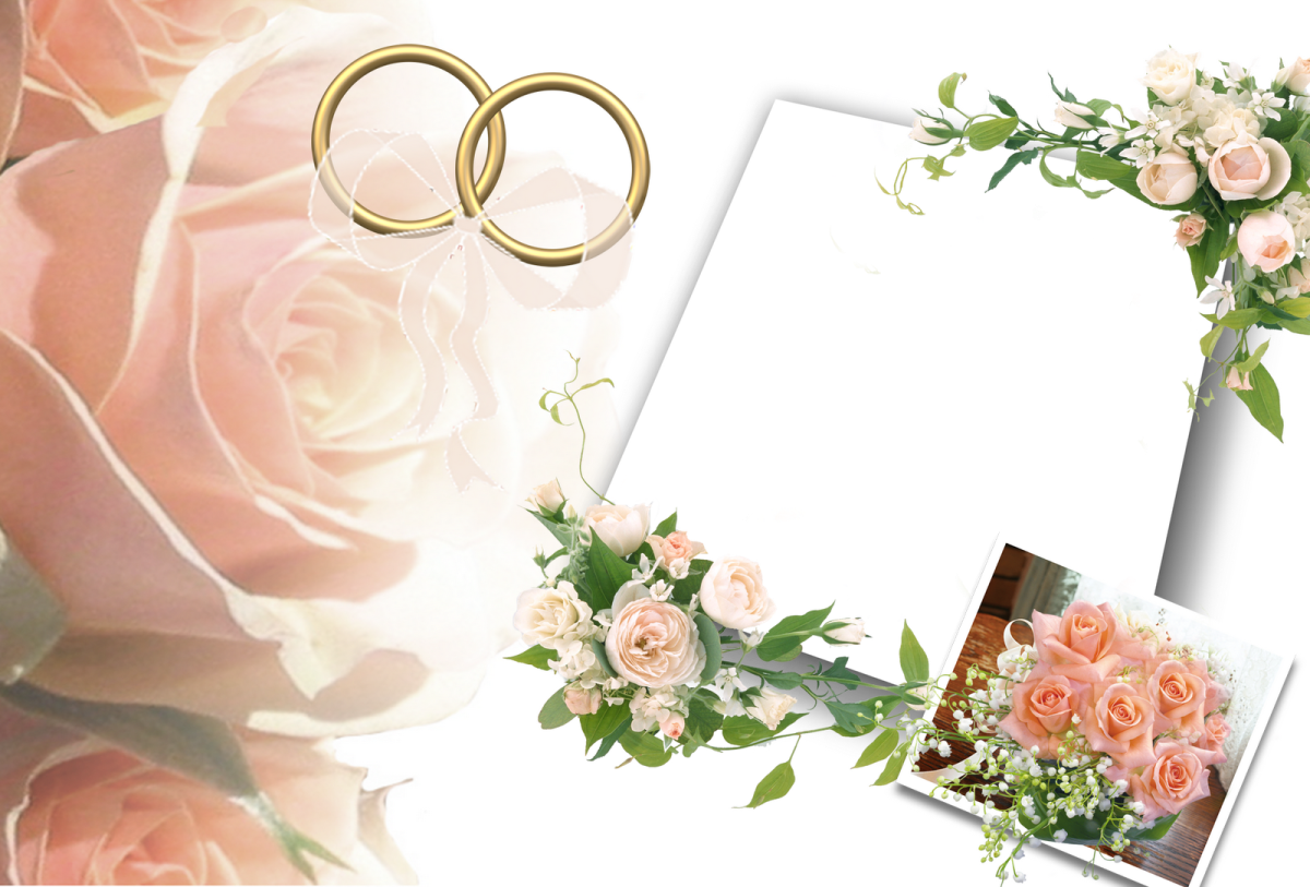 a wedding photo frame with two rings and flowers