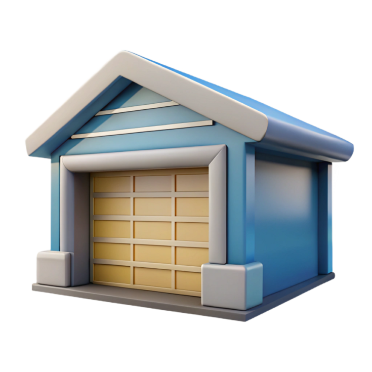 a garage with a blue roof and white walls