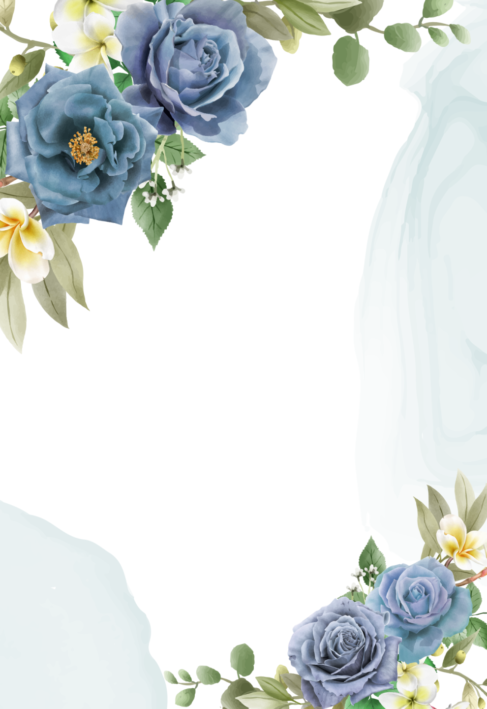 a floral frame with blue roses and green leaves
