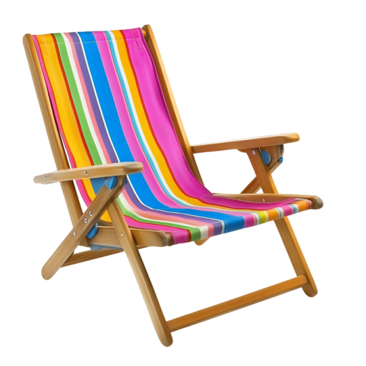 a wooden deck chair with colorful stripes