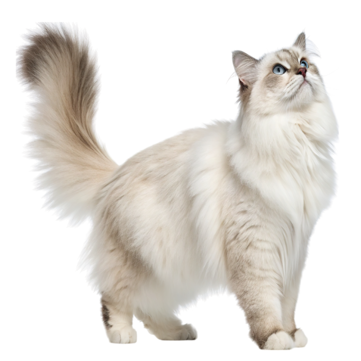 a white cat with blue eyes looking up
