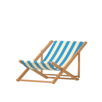 a wooden deck chair with blue and white stripes