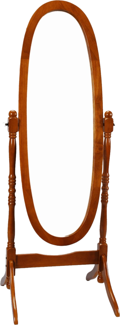an oval mirror on a wooden stand