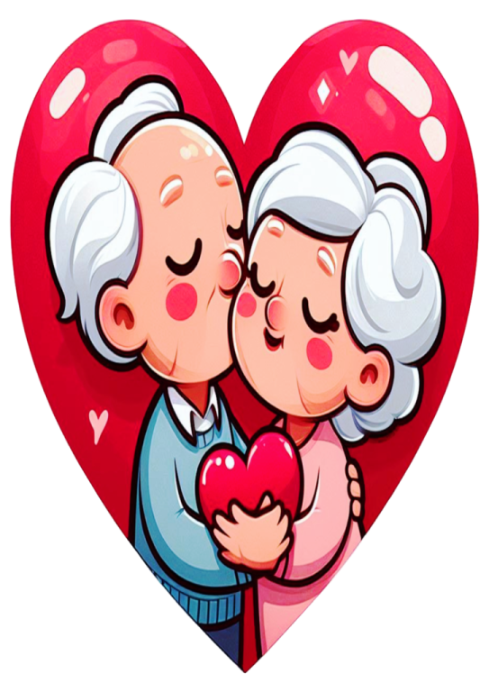 an elderly couple kissing in front of a heart