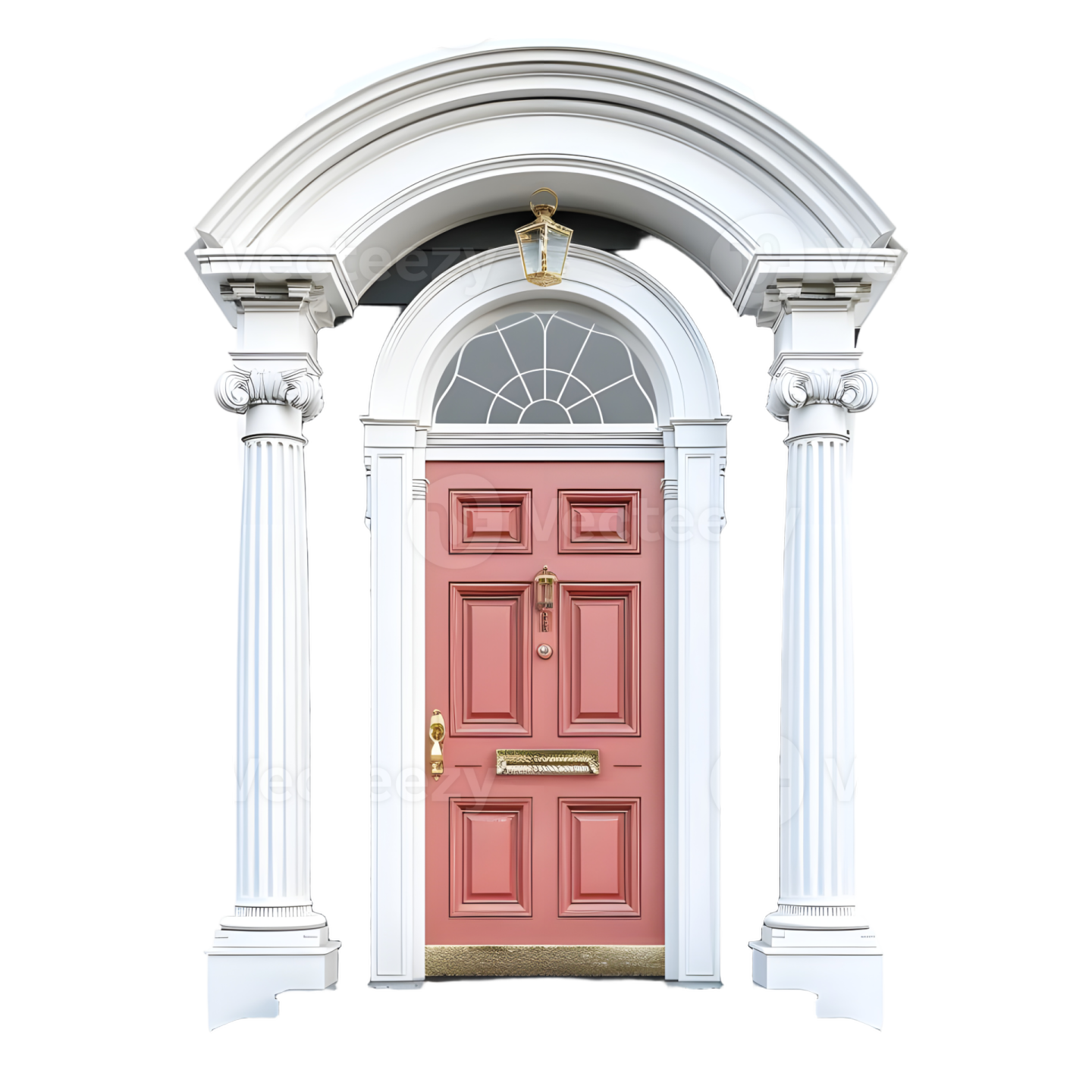 a red door in front of a white house