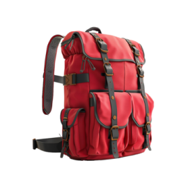 a red backpack with brown straps