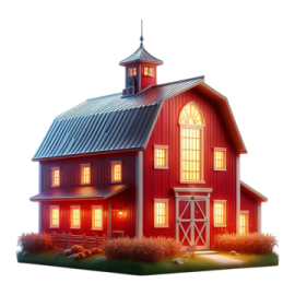 a red barn with a light on the roof