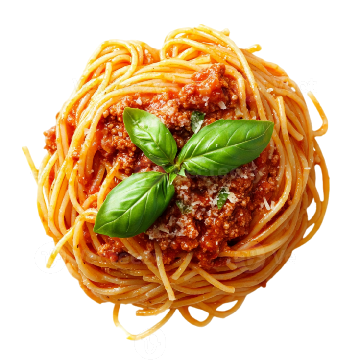 spaghetti with tomato sauce and basil on white background