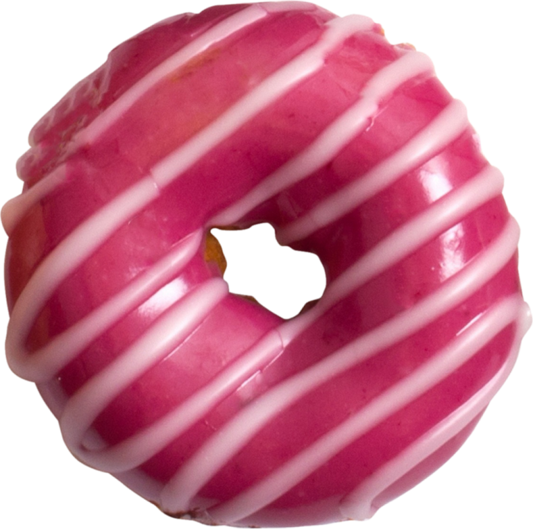 a pink donut with white stripes