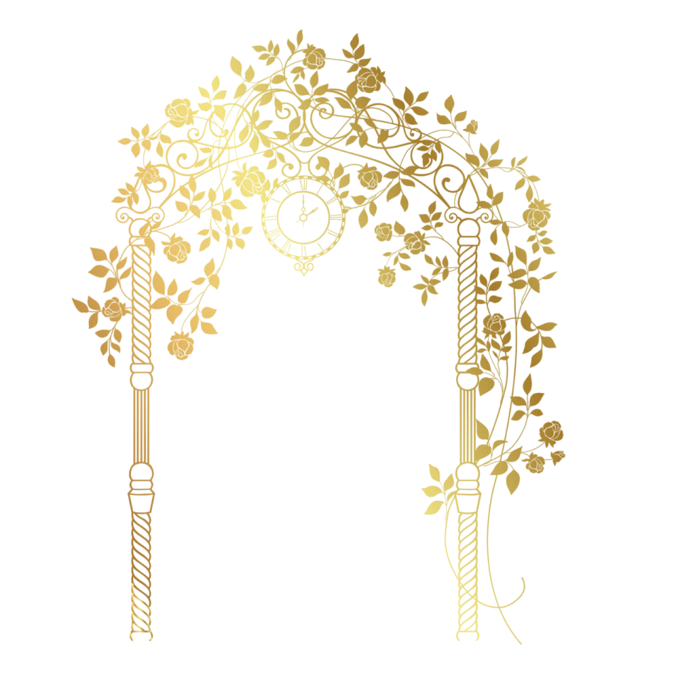 a gold wedding arch with flowers and vines