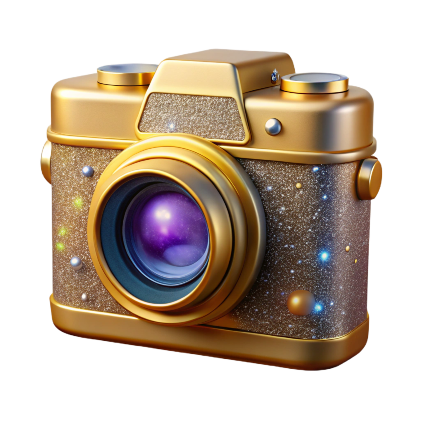 a gold camera with a purple lens