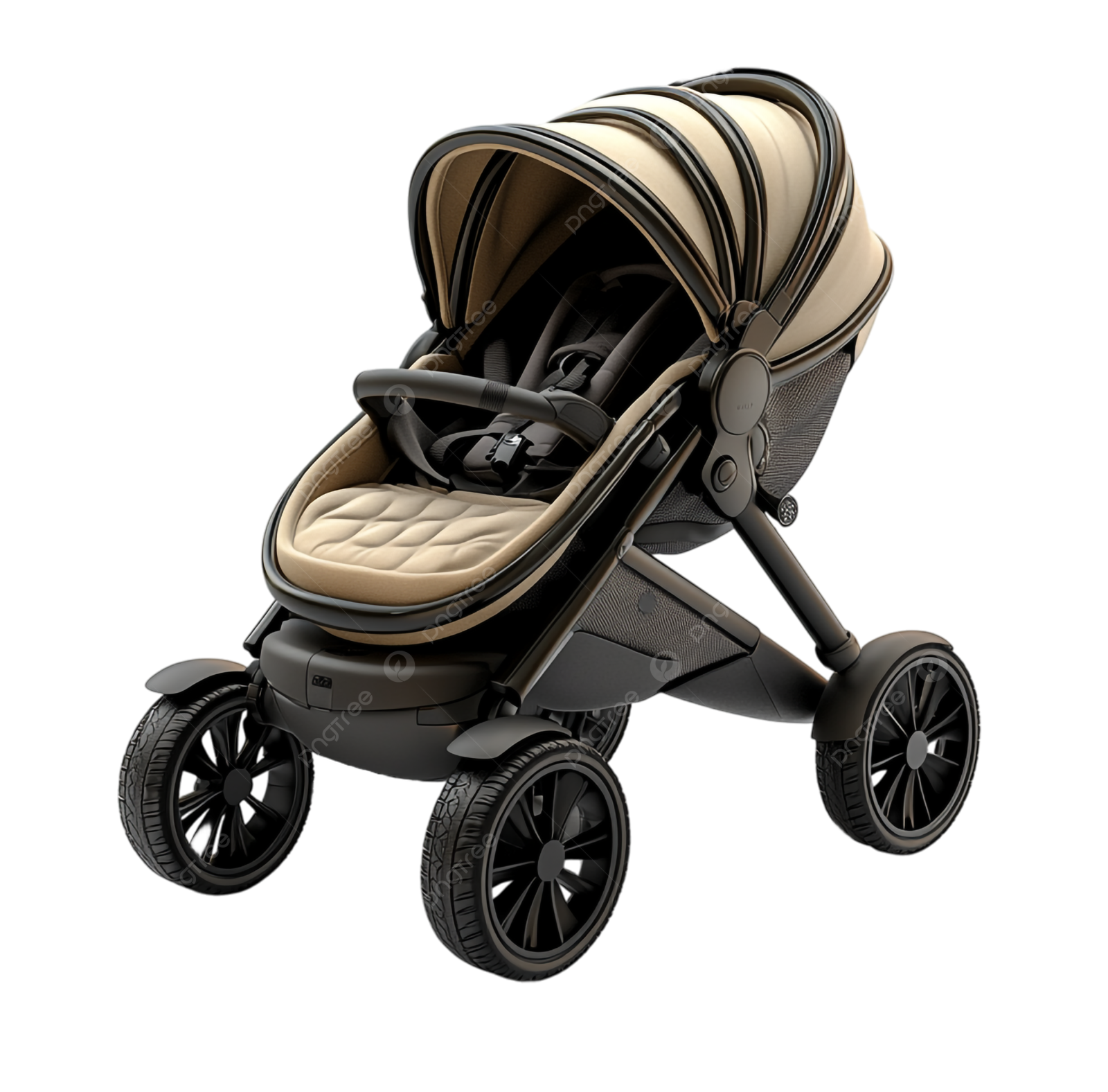 the baby stroller is shown in a black and beige color