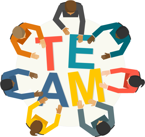 a group of people holding hands around the word team