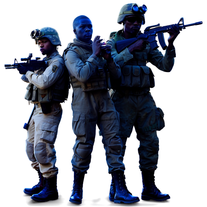 two men in military gear holding guns