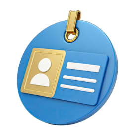 a blue and gold id badge with an image of a person