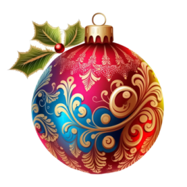 a red and blue christmas ball with holly leaves
