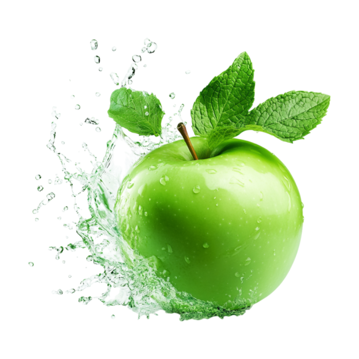 an apple with water splashing on it