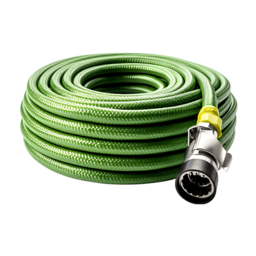 a green garden hose on a white background