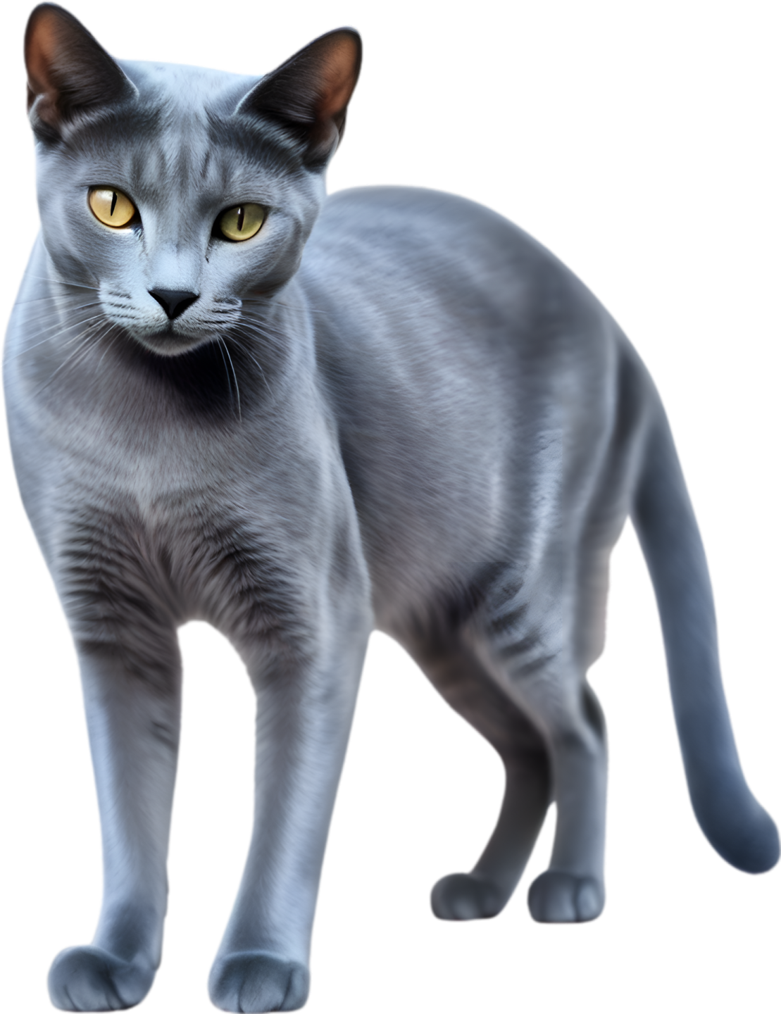a gray cat standing on a white surface