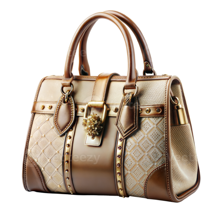a brown and white handbag on a white background