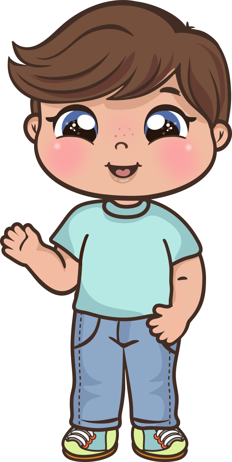 a little boy with brown hair and blue jeans