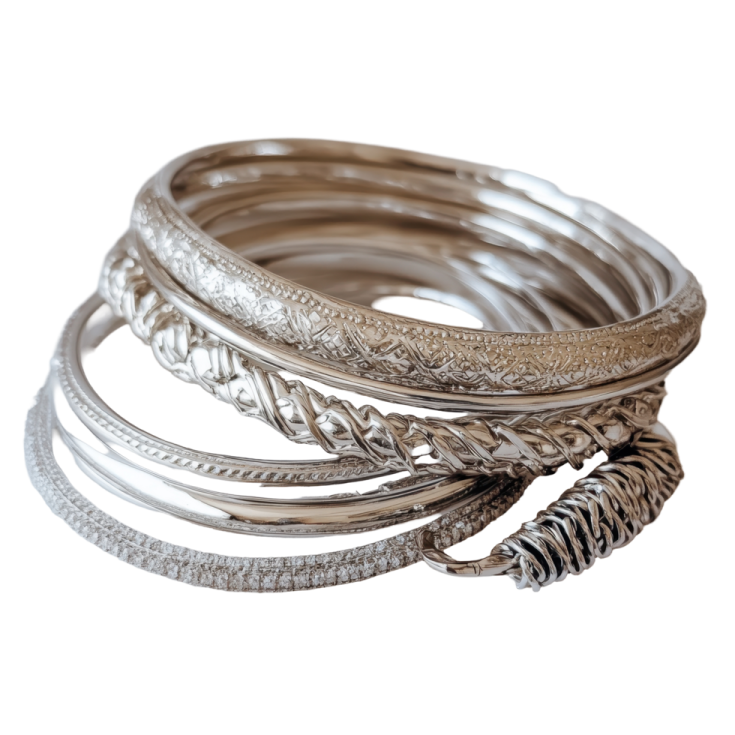 a stack of silver bang bracelets