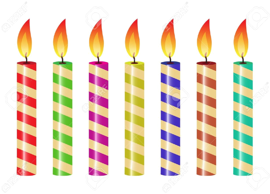 four burning candles with colorful stripes on a white background