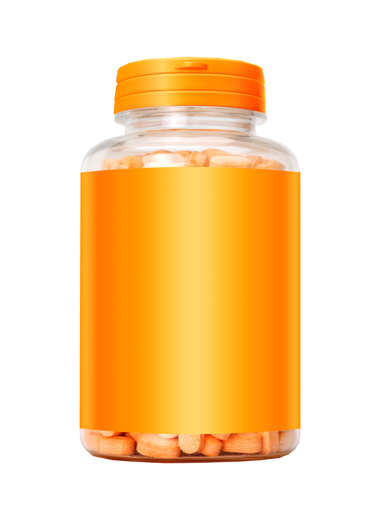 a glass jar filled with orange pills