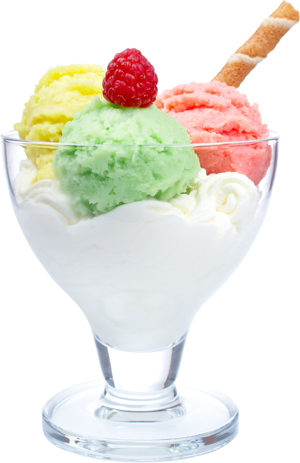 three scoops of ice cream in a glass bowl